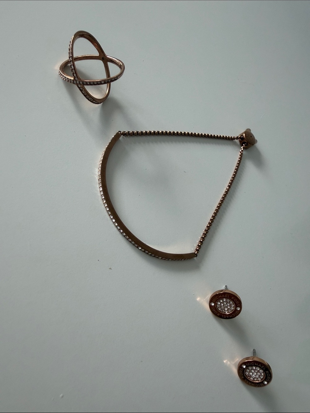 Rose Gold Pave Bracelet, Ring & Stud Earrings Set